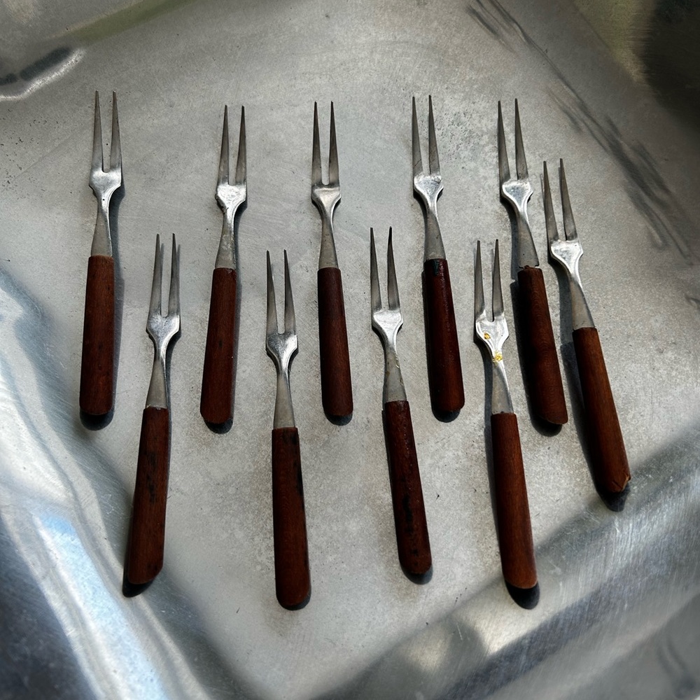 Mid century MCM cocktail fork made in japan modernist minimalist wood stainless